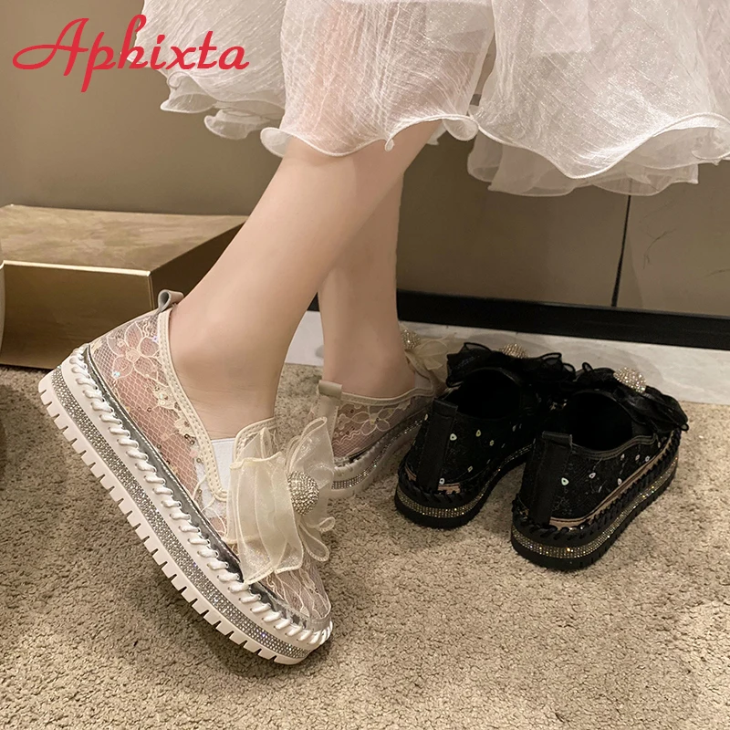 Aphixta 2023 Summer Air Mesh Luxury Crystals Bowknot Flats Platform Shoes Loafers Couple Woman Colorful Cool Shoes Plus Size 44