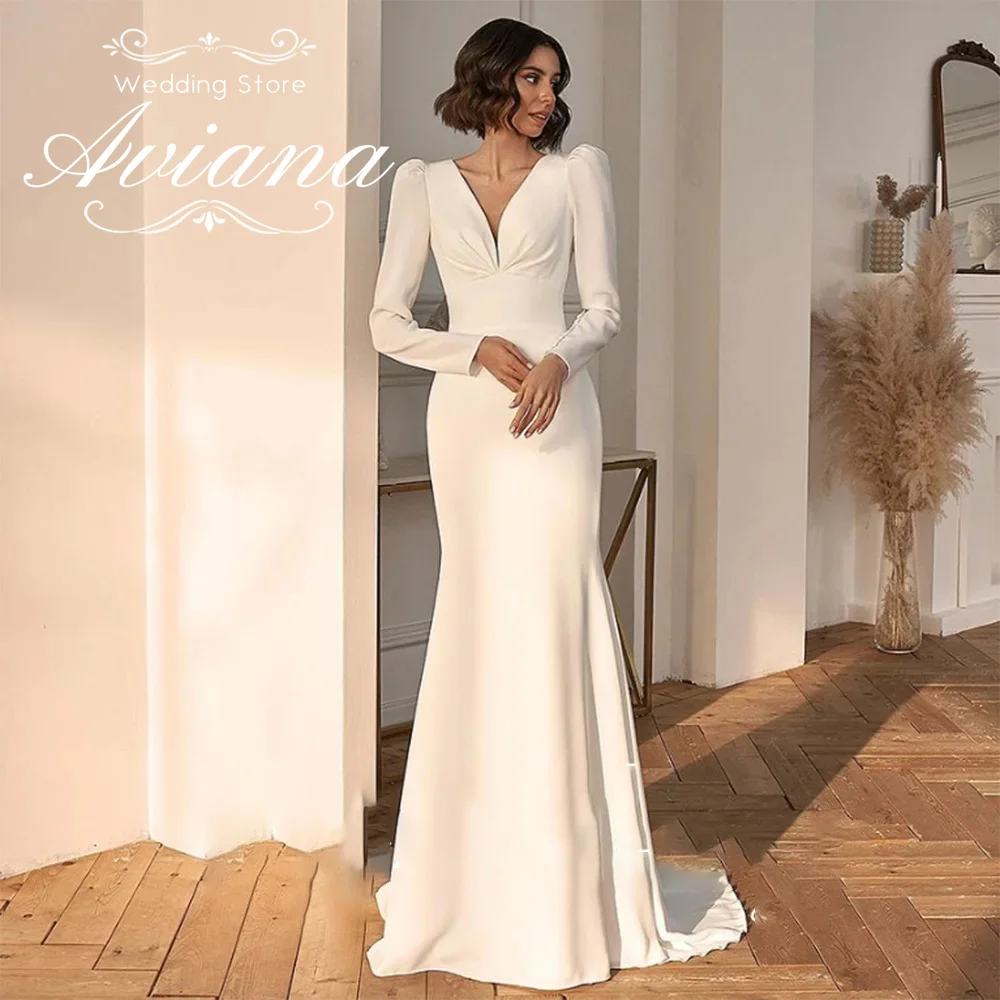 Aviana Customized Long Sleeve Deep V-Neck Mermaid Wedding Dress Full Sleeveless Sweep Train Ruffles New Design Classic 2025