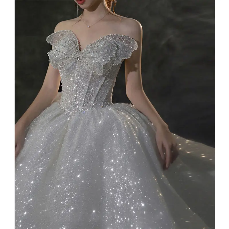 Princess Bow Pearrls Ball Gown Wedding Dress Luxruy Glitter Sequin Sleeveless Bridal Gowns Court Train Church Robe De Mariée