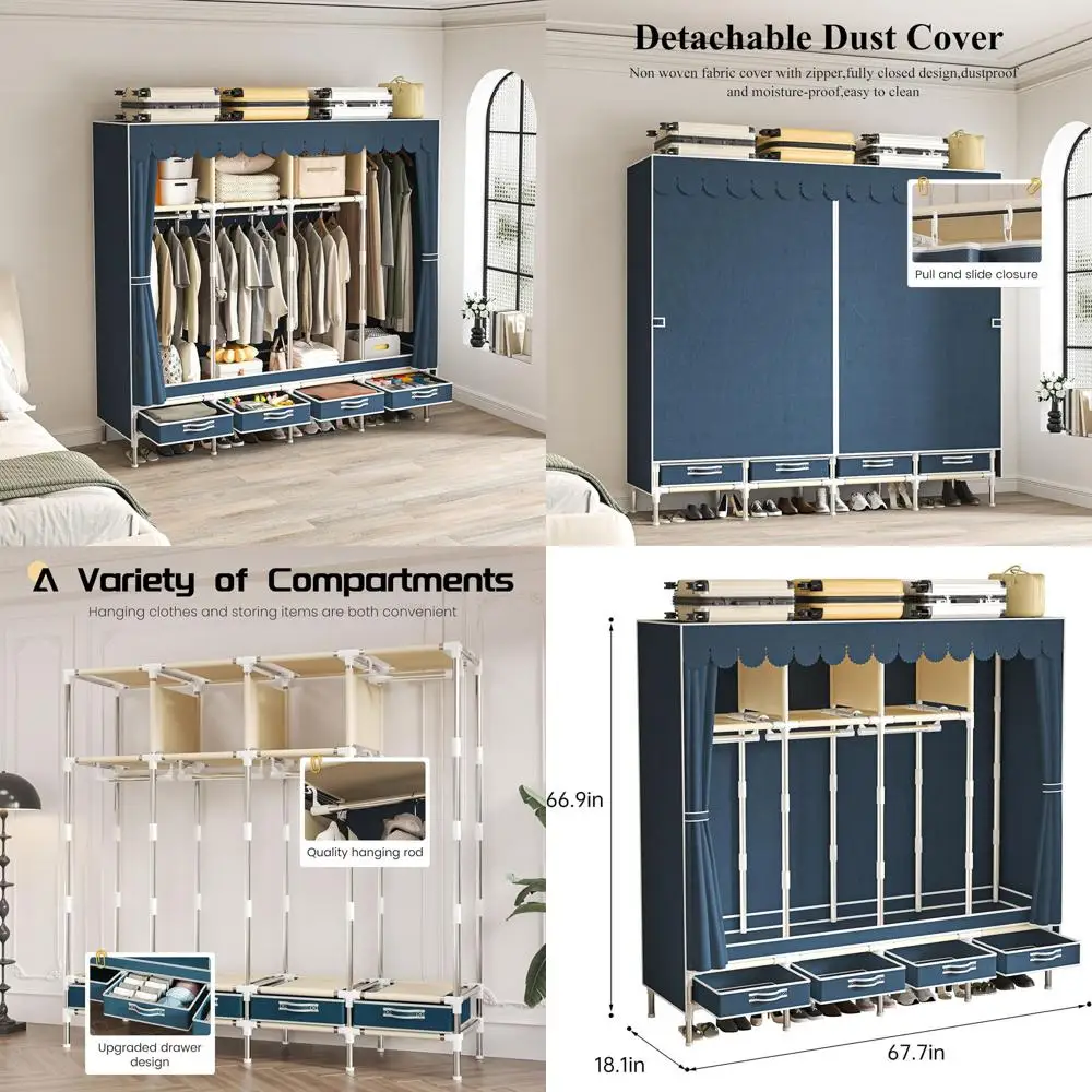 

67 Large Capacity Freestanding Wardrobe with 4 Doors & 3 Shelves, Blue