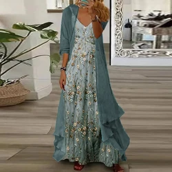Elegant Two Piece Set for Women Commuting Goddess Lazy Digital Print V-Neck Camisole Long Dress with Long Sleeves Chiffon Jacket