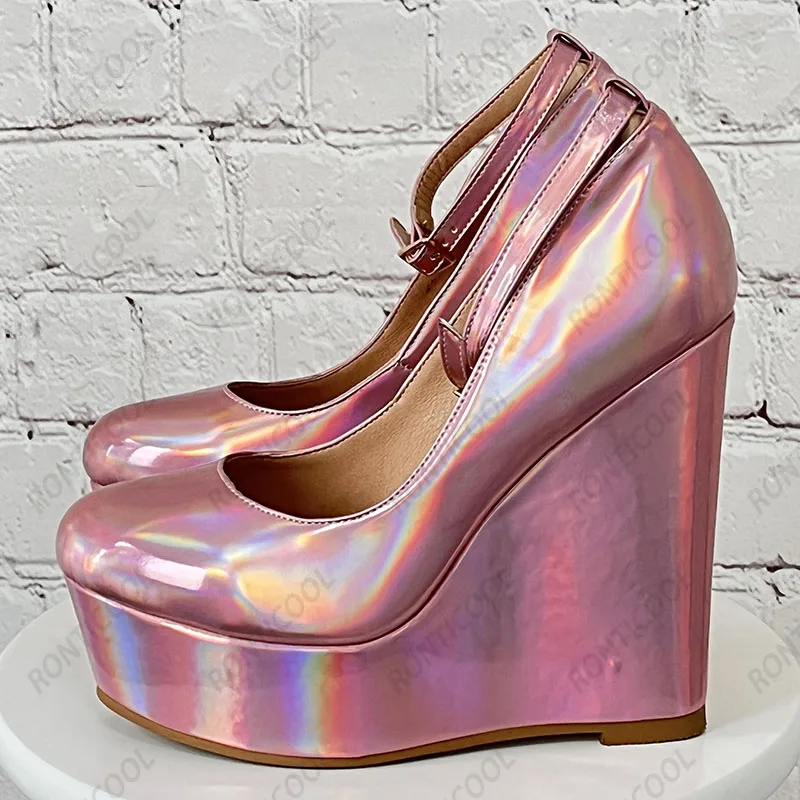 Ronticool Handmade Women Shiny Pumps Ankle Strap Sexy Wedges Heels Round Toe Gorgeous 12 Colors Party Shoes US Plus Size 5-20