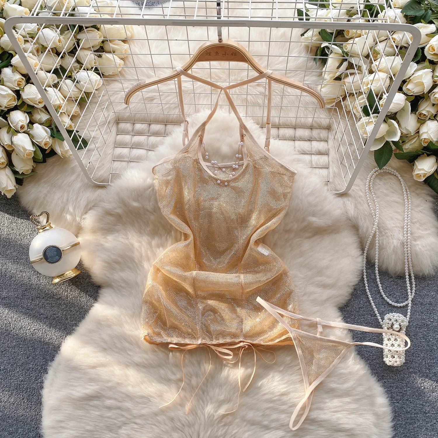 

See-through Yellow Halter Neck Women's Sexy Lingerie Lace Underwear Mesh Babydoll Lingerie Sexy Naughty Cheongsam Dress Skinny