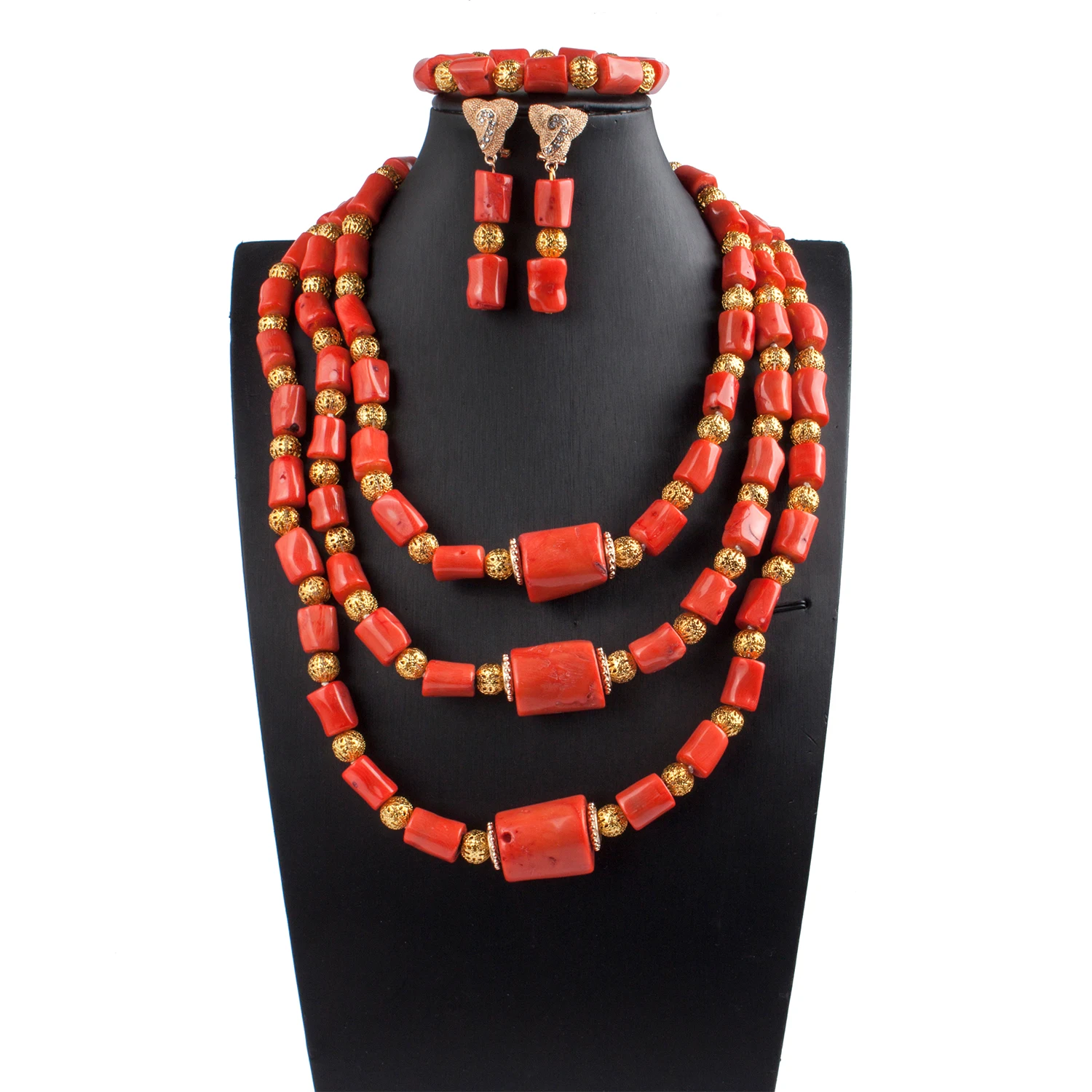 

Three Layers Original Coral Nigerian Wedding Beads Jewelry Set Women Coral Costume Necklace Set