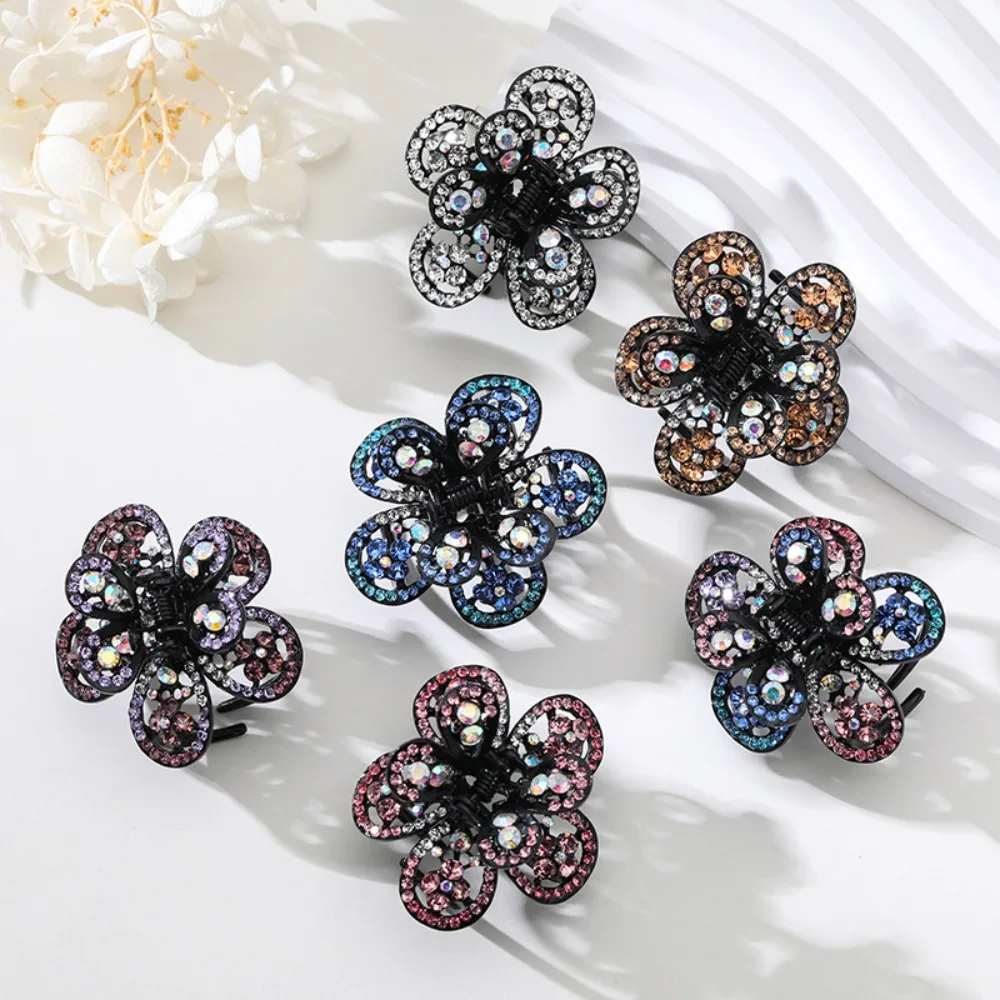 Cute Headwear Rhinestone Flower Hair Claw Headdress Ponytail Clip Women Hair Clip Grab Clip Hairpin Middle Shark Clip Lady/Girl