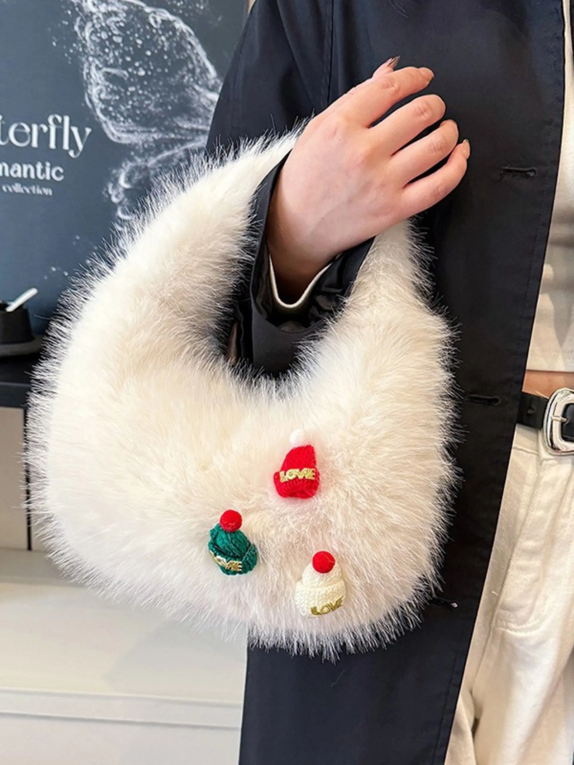 Christmas style fur bag 2024 winter new handbag, high-end versatile cute small handbag, underarm velvet bag