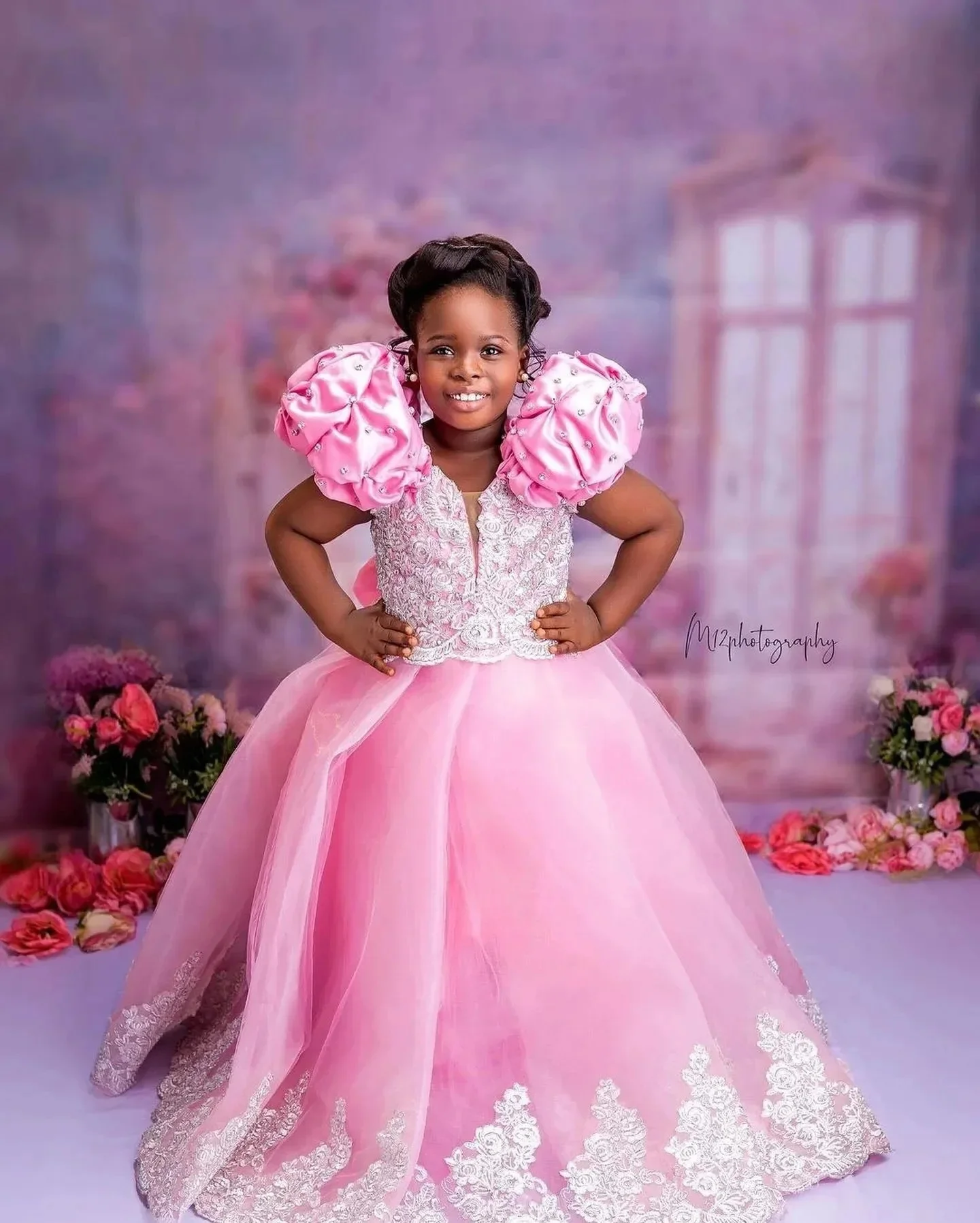 Розовые платья с цветочным узором для девочек по индивидуальному заказу на свадьбу, великолепные аппликации длиной до пола, детское платье принцессы для выпускного вечера на день рождения