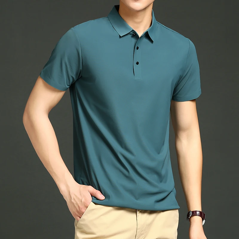 Golf Solid Ice Silk Traceless Silk Loose Polo Shirt Short Sleeve T-shirt Men's Elastic Ironless Thin Polo Neck Light Luxury