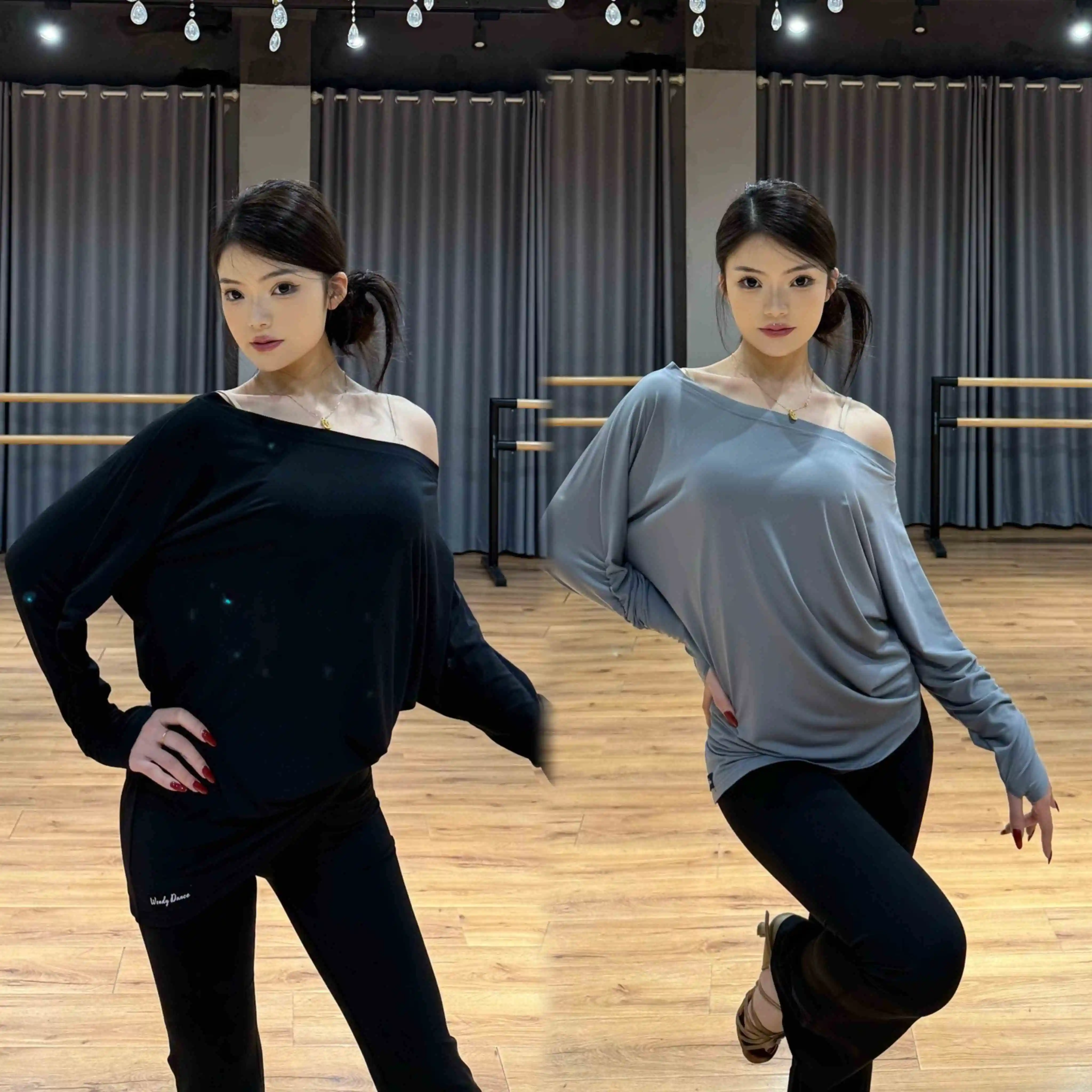 

New Latin Dance Clothing Women Oblique Shoulder Tops Black Latin Trousers Adult Rumba Salsa Ballroom Dance Practice Wear NV25353