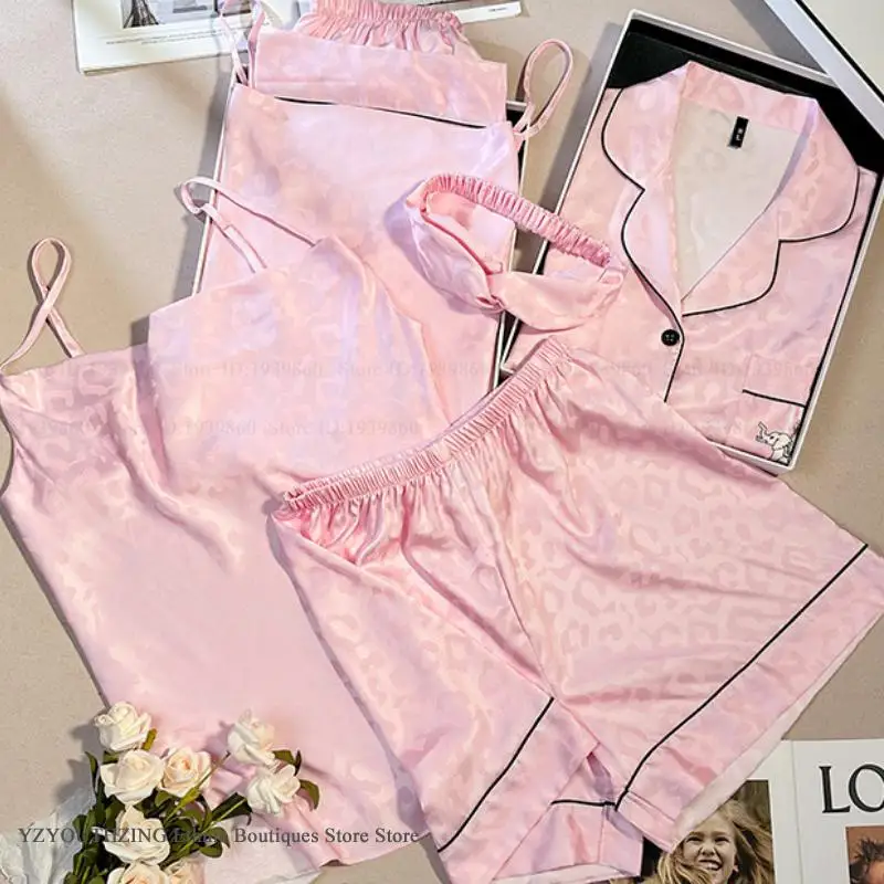 

Spring Summer New 4PCS Pajamas Set Sleepwear Sexy Jacquard Leopard Cami Shorts Trouser Suits Loose Thin Satin Pyjama Homewear