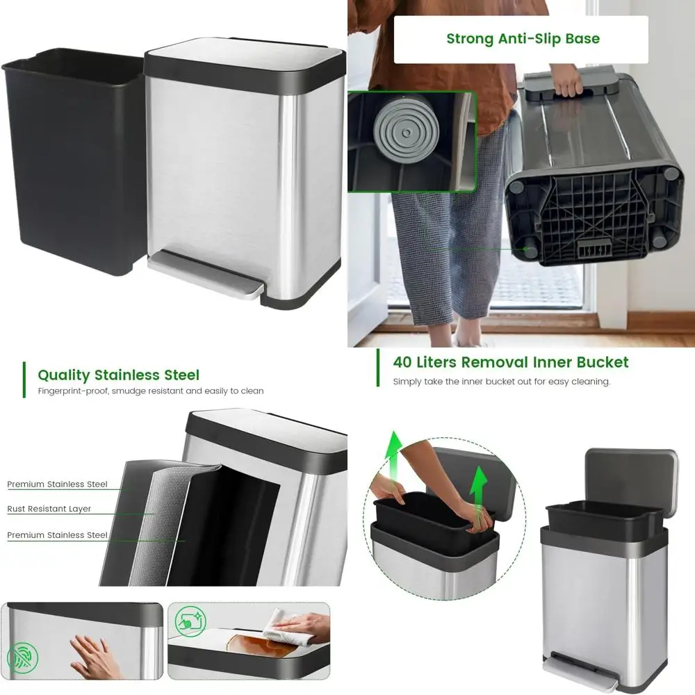 

Step-on Stainless Steel Trash Can - 10 Gallon, Removable Bucket, Soft Close Lid, Modern Kitchen Waste Bin