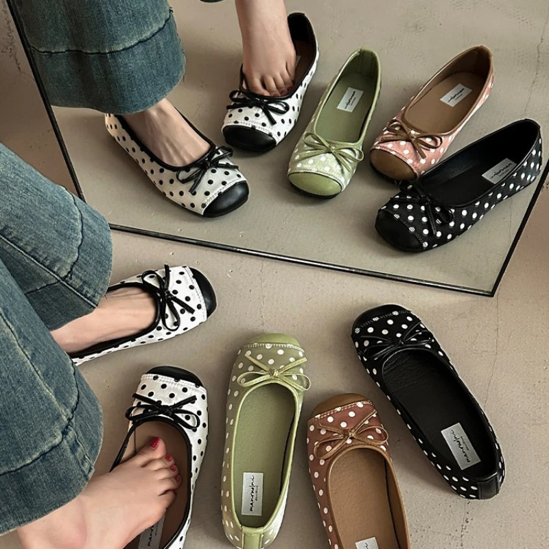 

Spring Butterfly-knot Women Dot Ballet Flats Comfort Square Toe Slip On Shoes Ladies Eelgant Soft Sole Dress Mary Jane Shoes