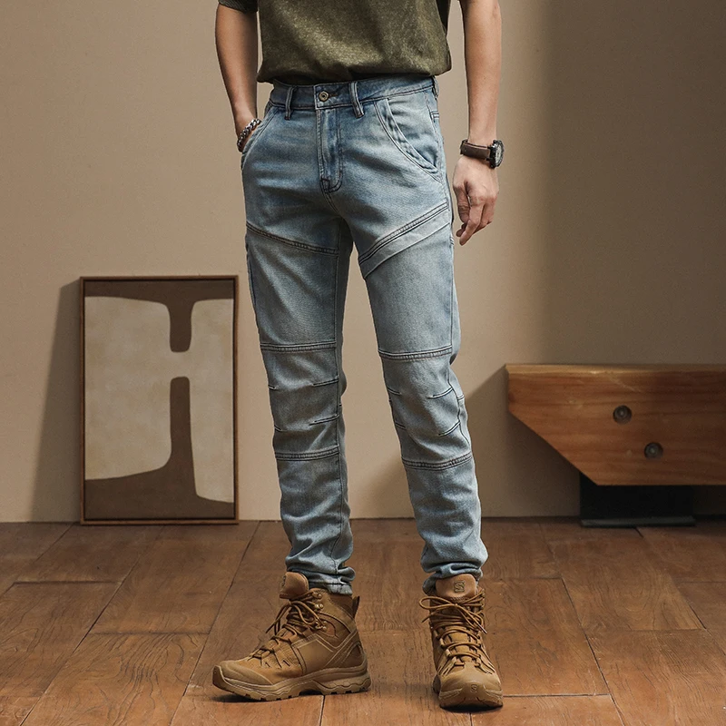 High quality American slim fit  spliced motorcycle small leg long pants retro jeans for men denim  cargo jeans men clothing