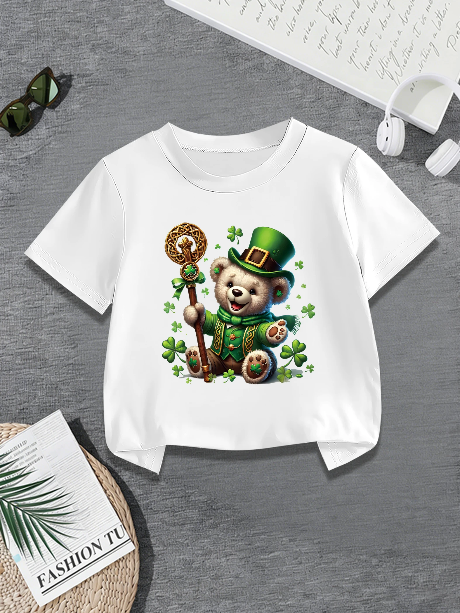 1 pieces: St.Patrick's Day Boys Summer T-Shirt Cartoon Bear Magic Wand Clover Print Casual Top