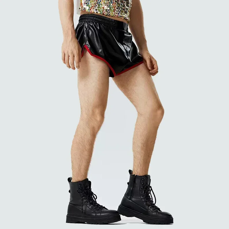 الرجال لامعة براءات الاختراع والجلود السراويل شيك الألوان المتناقضة السراويل الساخنة رجل بولي كلوريد الفينيل شريط مرن الملابس الداخلية سراويل للسباحة الشاطئ مخصص