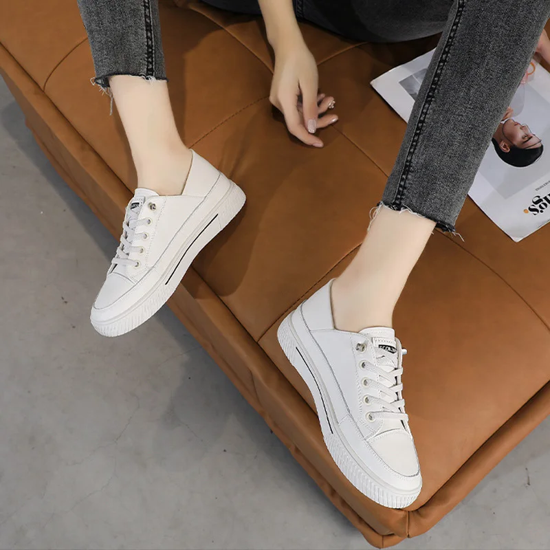 CXJYWMJL Genuine Leather Skate Shoes for Women Spring Summer 2 Ways To Wear Casual Vulcanized Shoes Ladies Small White Sneakers