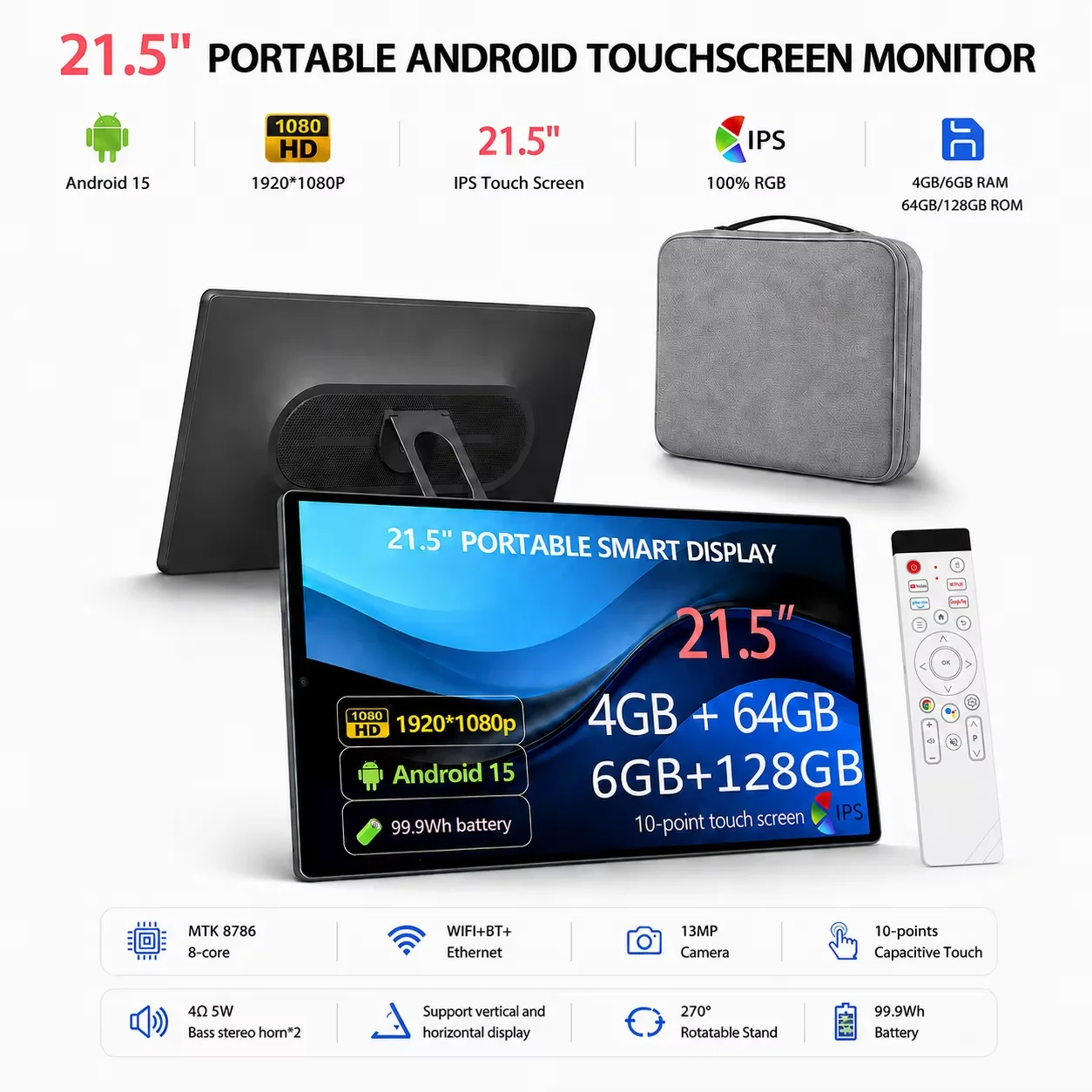 21.5 Inch FHD Android 15 Touch Screen Tablet 8 Core 4G+64G  Rotatable Stand Portable Carry Bag For Outdoor Camping&gift