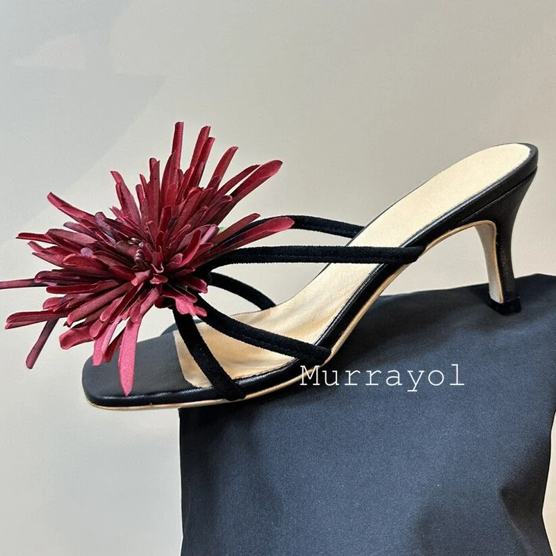 المفتوحة تو ضيق الفرقة عالية الكعب النعال النساء زهرة ديكور رقيقة الكعوب النعال الصيف عطلة أحذية فستان أحذية الجنية الأحذية