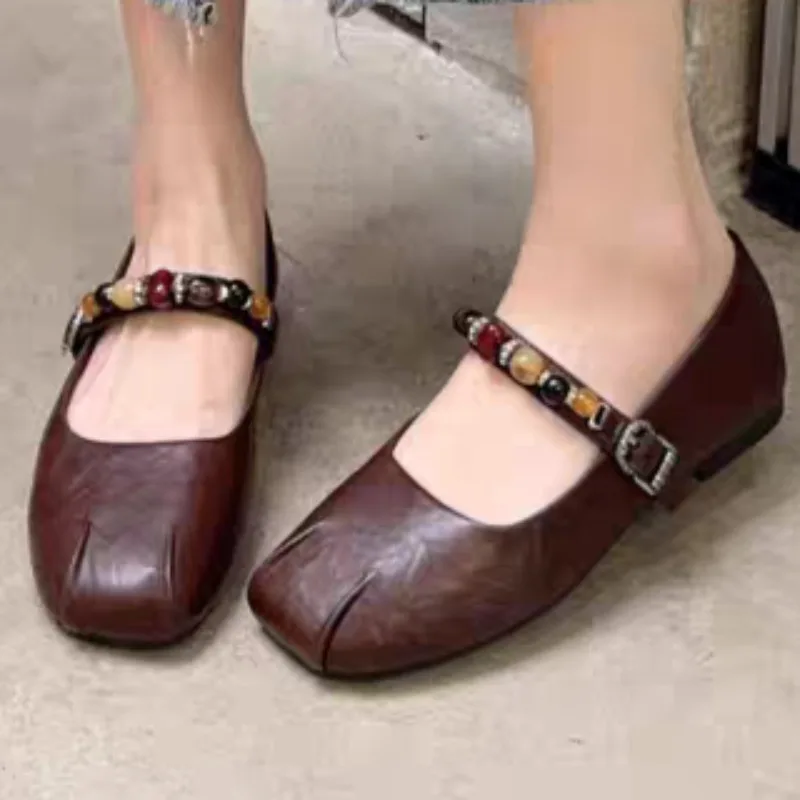 Women's Autumn New Beaded Designer Soft-soled Non-slip Loafers, Everyday Versatile, Lightweight Wear-resistant Buckle Flat Shoes