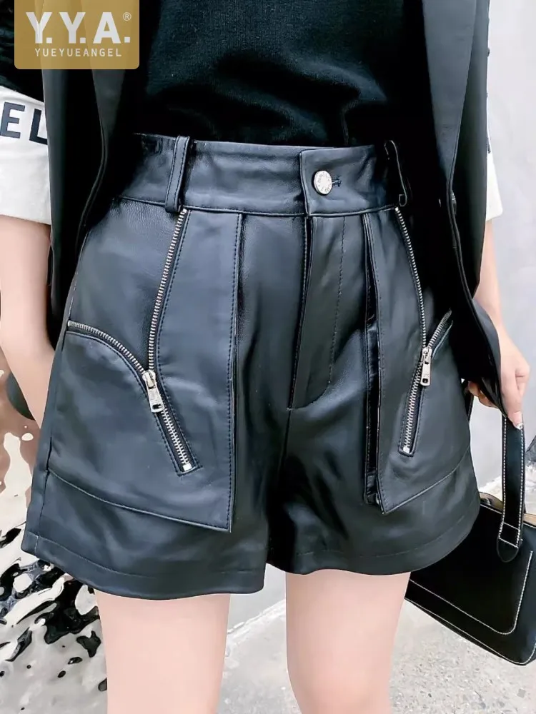 New Women High Waist Wide Leg Shorts Zipper Pockets Real Sheepskin Genuine Leather Shorts Casual Streetwear Motorcycle Boot Cut