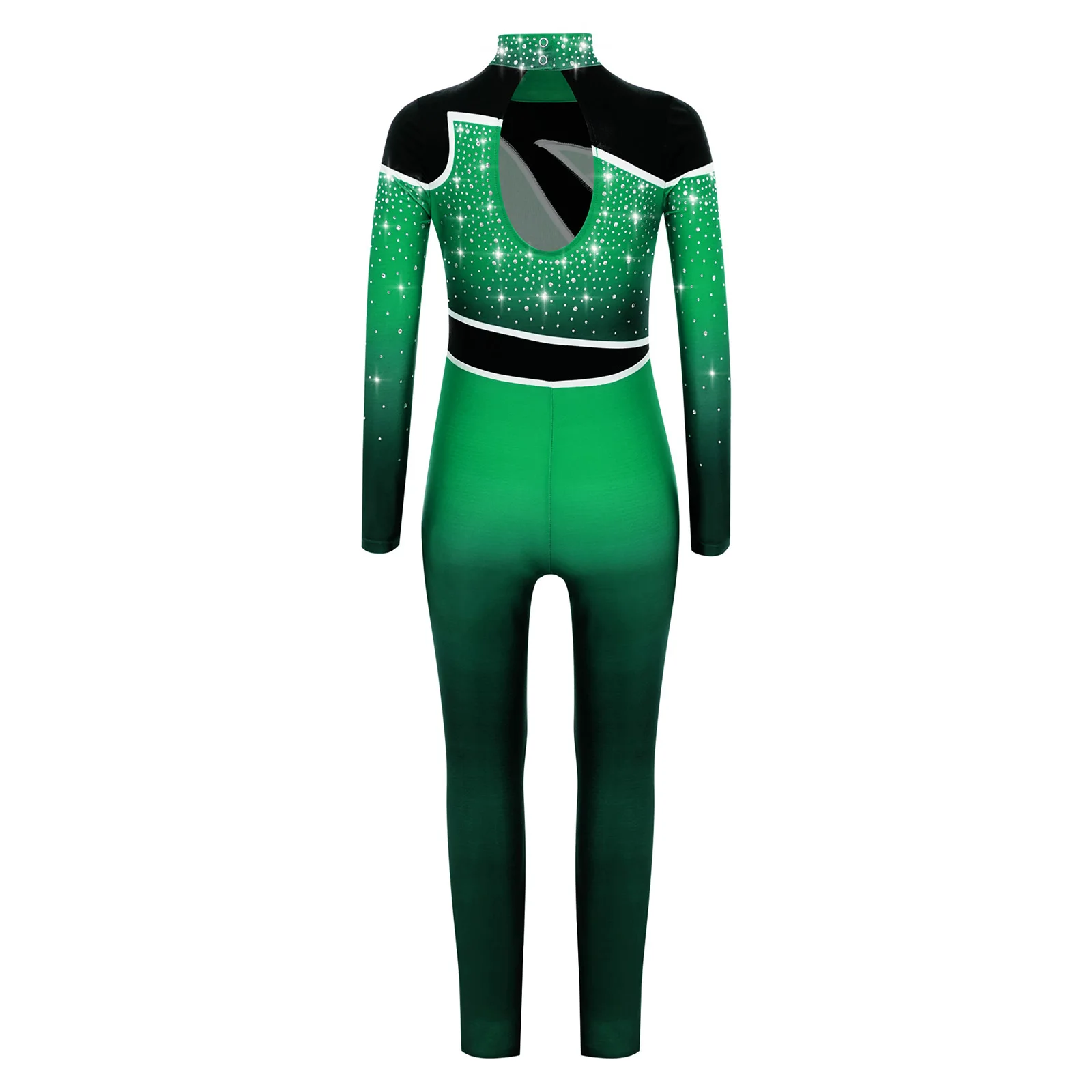 Kids Girls Gymnastics Figure Skating Jumpsuit Long Sleeve Shiny Rhinestones Color Block Gradient Bodysuits Ballet Dance Costumes