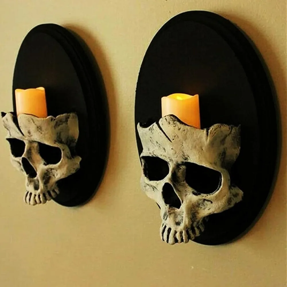 Halloween-Kerzenhalter mit Totenkopf-Kopf, gruseliger Skelettkopf, Wandleuchte, für Zuhause, Bar, Restaurant, dekorativer Kerzenständer