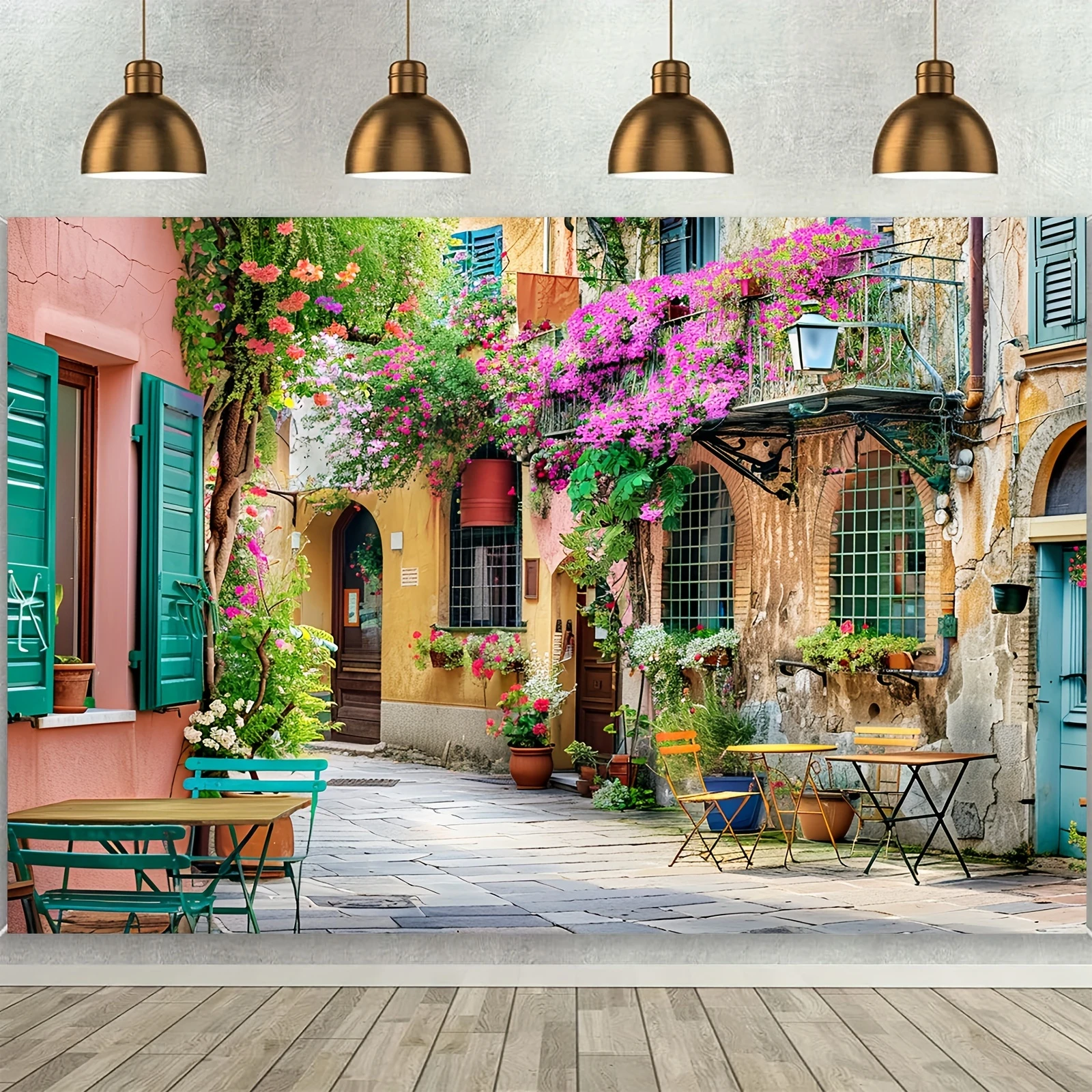 European architecture, Italian street background, medieval village, flower street, stone wall architectural background