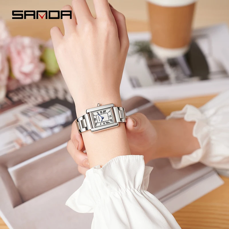 SANDA Fashion Business Men Women Quartz Watch Roman Numeral Square Stainless Steel Waterproof Wristwatch Lovers Casual Watches