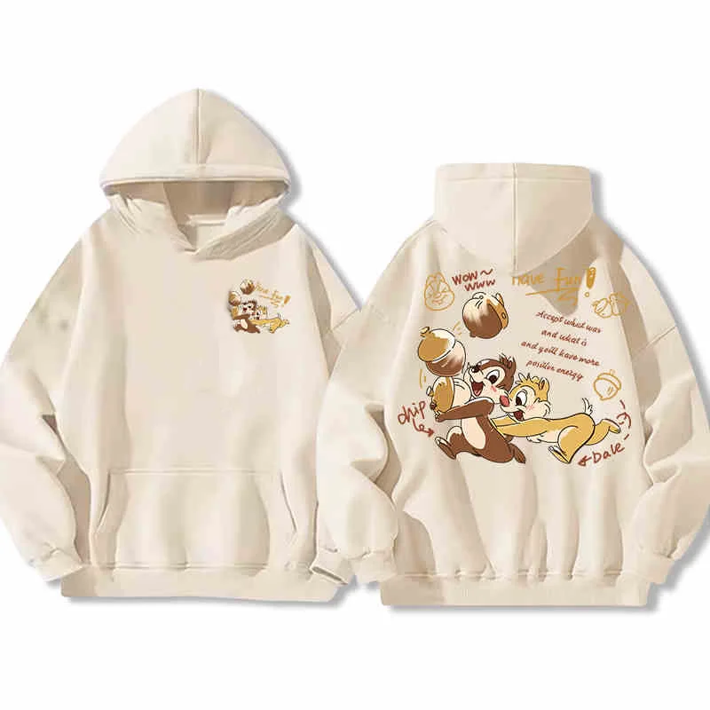 Disney Chip And Dale Sweatshirt Womens Hooded Autumn Cartoon Squirrel Print Pure Cotton Loose Coat Trendy Unisex Long Sleeve Top