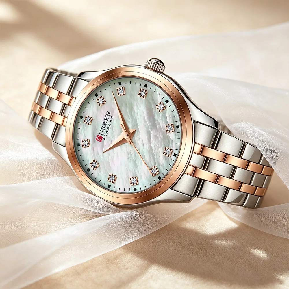 CURREN Ladies Watch with Two-Tone Stainless Steel Bracelet 28mm Dial with Rhinestones Markers Shimmering Shell Dial Elegant Idea