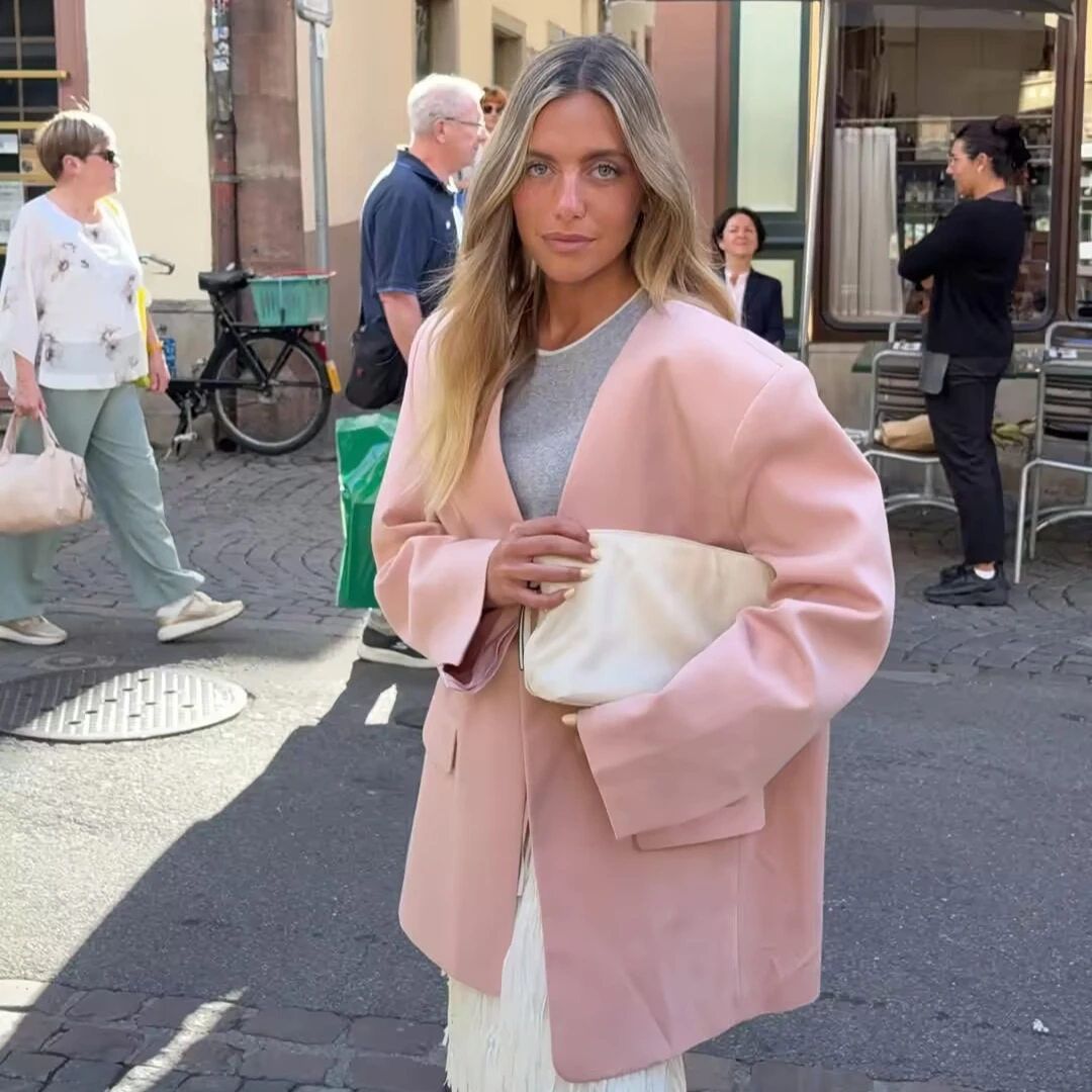 

Autumn Winter Fashion Chic Pink Women Blazer Coat Long Sleeve V-neck Jacket Office Lady Casual Flap Pockets Blazer Outerwear