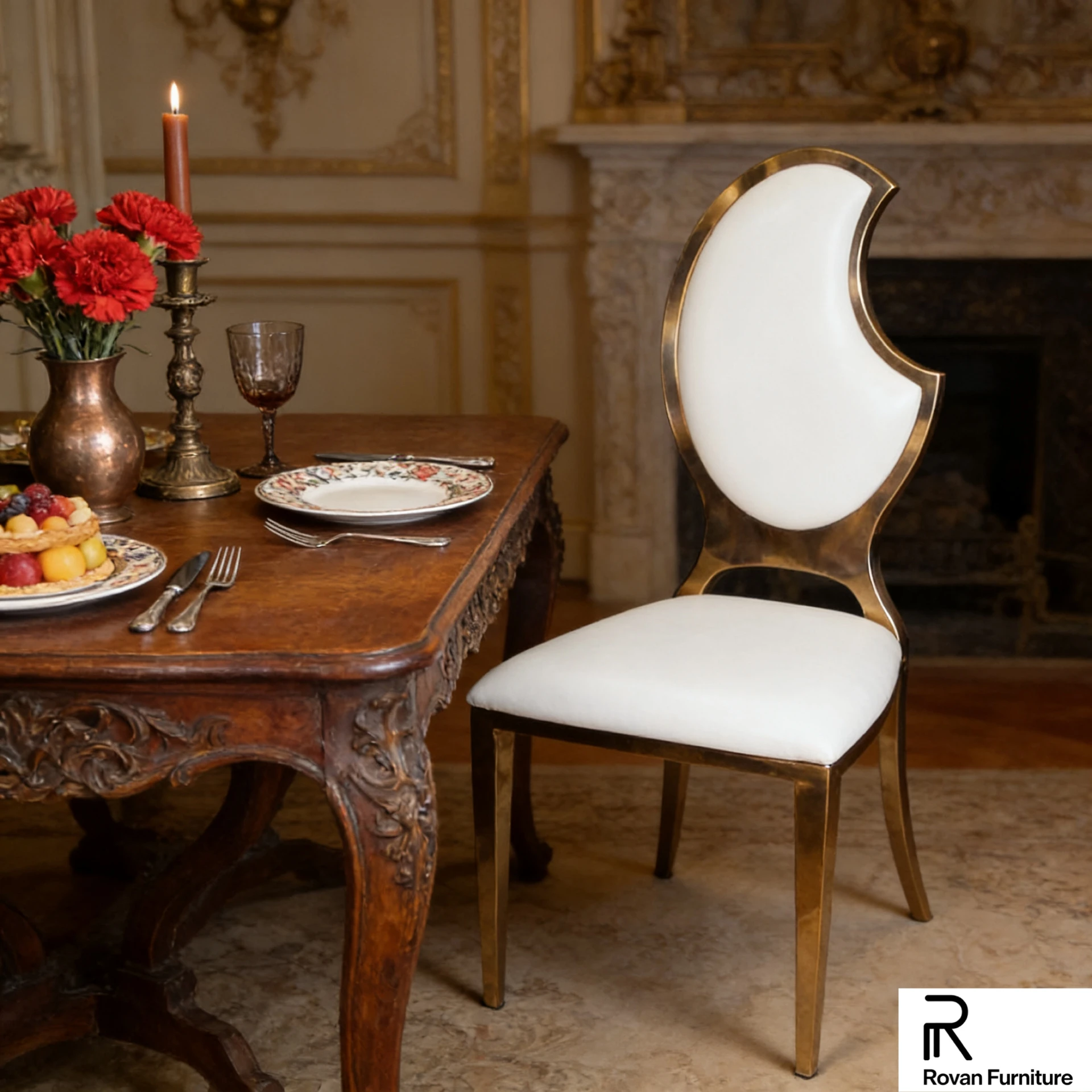 Antique Gold Stainless Steel Dining Chair Unique Crescent Cutout Back Banquet Chair for Wedding Hotel Event Rental