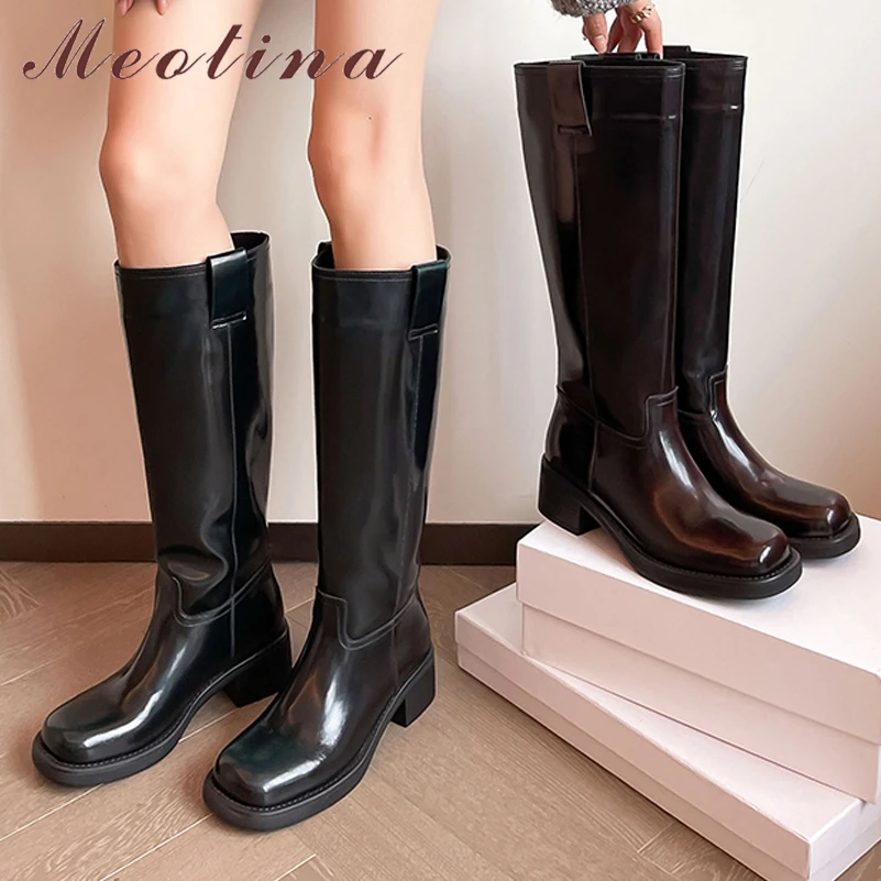 

Meotina Women Genuine Leather Knee High Boots Round Toe Platform Thick Mid Heels Long Boot Ladies Fashion Shoes Autumn Winter 40