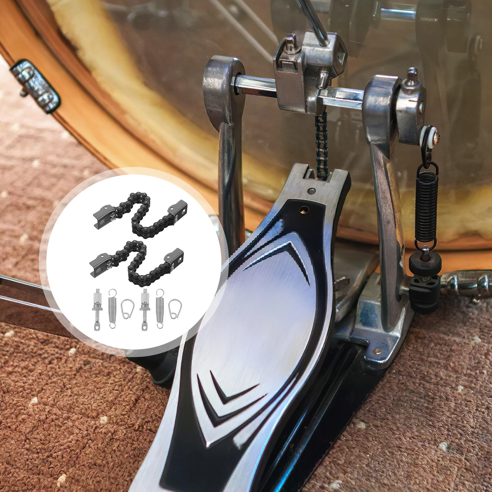 

1 Set Bass Foot Pedal Chain Metal Spring Hook Screws Replacement Parts Dual Chain Design Sturdy Tension Smooth Response Drum