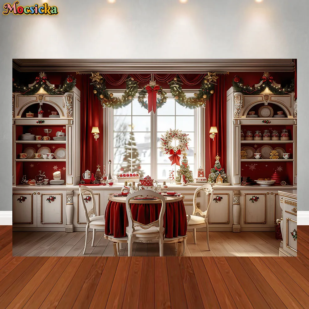 Christmas Kitchen Photography Background Cupboard XMAS Wreath Window Decoration Supplies Family Portrait Backdrop for Studio