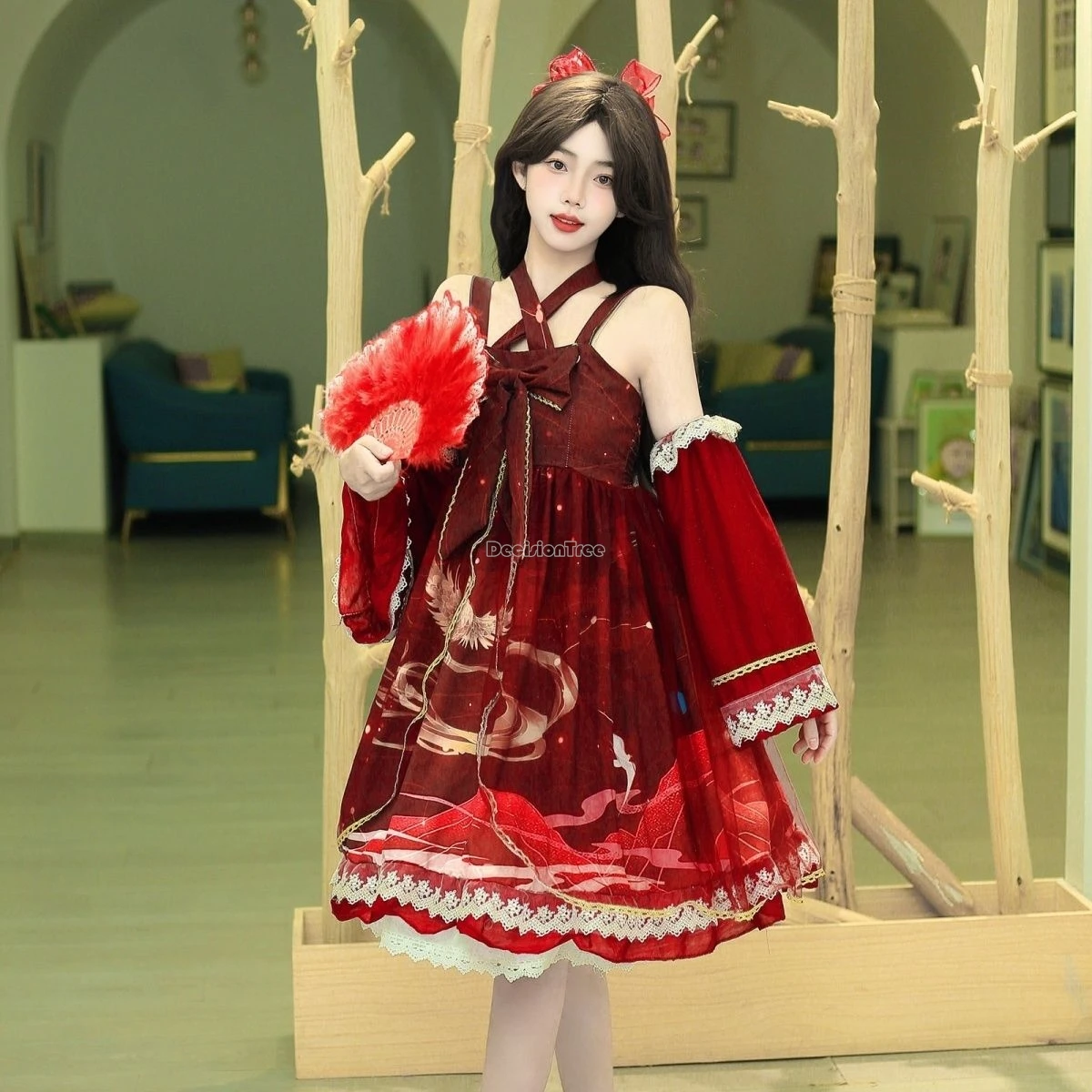 Vestido Lolita Set para Mulheres, Elemento Hanfu, Renda Solta Impressa, Lolita Set, Vestido Diário, Sem Mangas, Hanfu, W654, Moda melhorada, 2024