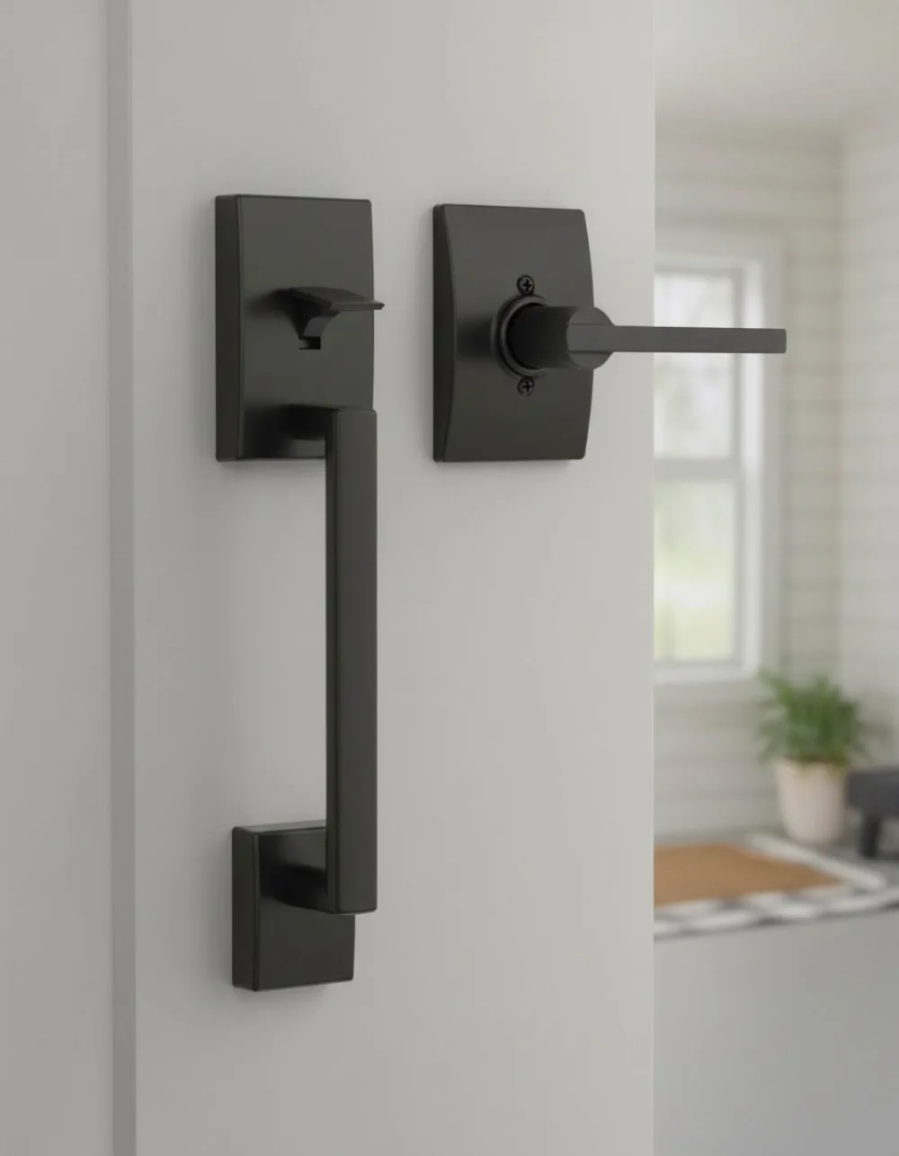 مجموعة مقبض باب الدخول الأمامي الممتاز مع رافعة Latitude، وقبضة سفلية باللون الأسود غير اللامع - سهلة التركيب وملاءمة عالمية