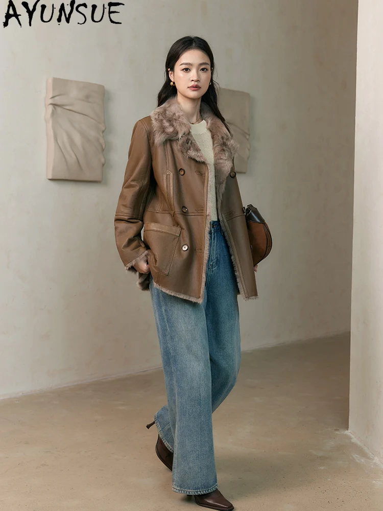 سترة من الجلد الطبيعي للنساء من AYUNSUE معطف فرو من جلد الغنم الطبيعي معاطف من صوف الضأن معاطف من الفرو الحقيقي ملابس شتوية دافئة للسيدات