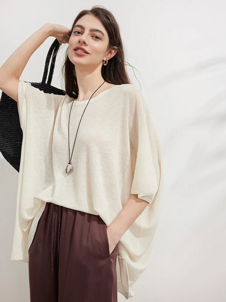 

Льняная шелковая трикотажная футболка для женщин, свободного кроя, в повседневном стиле, дышащая, комфортная, весна-лето, с коротким рукавом и круглым вырезом