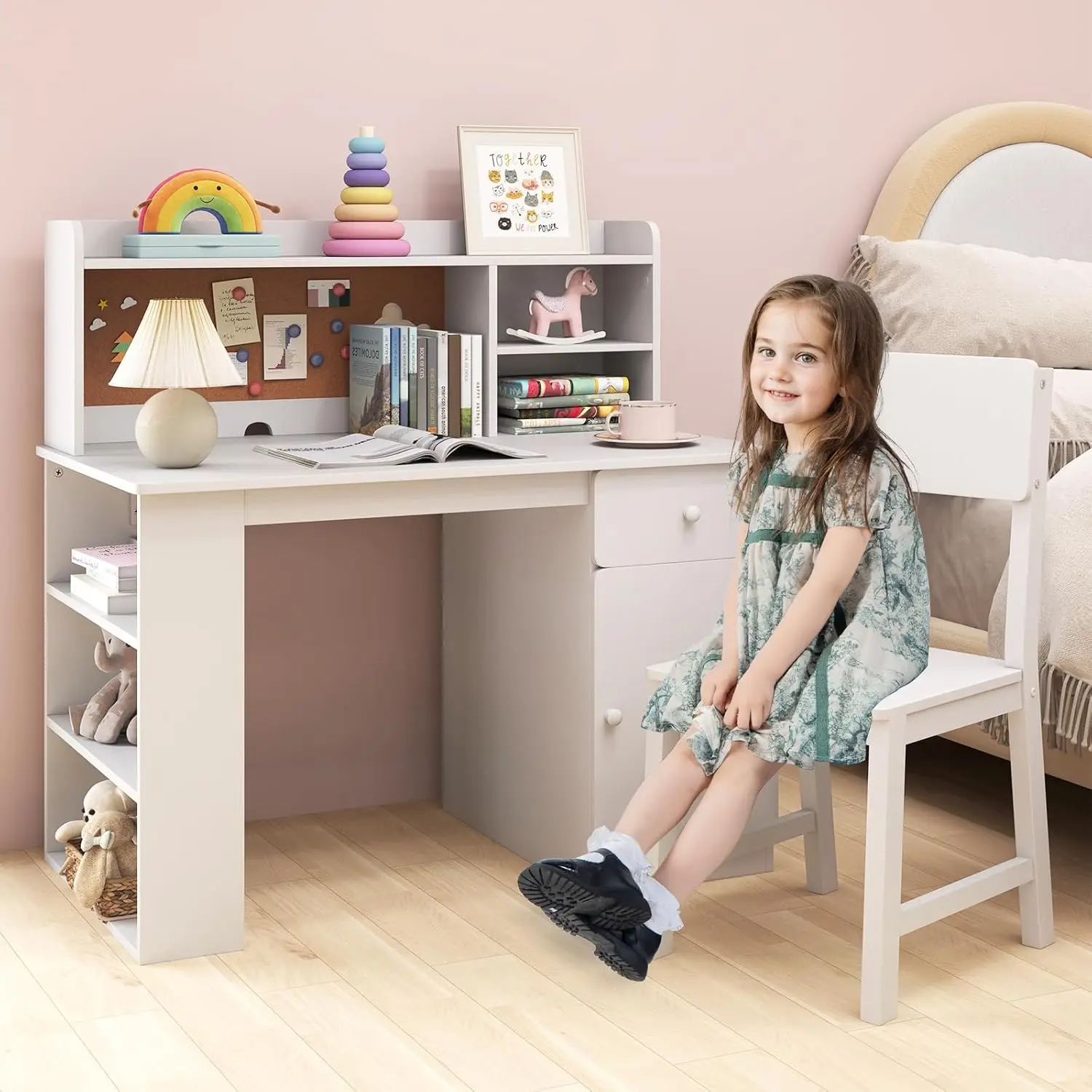 Kids Desk and Chair Set, Wood Student Desk Set W/Hutch, Drawer, Cork Bulletin Board, Cable Management Hole & Storage Shelf for Writing Drawing, Study Table Computer Workstation (White)