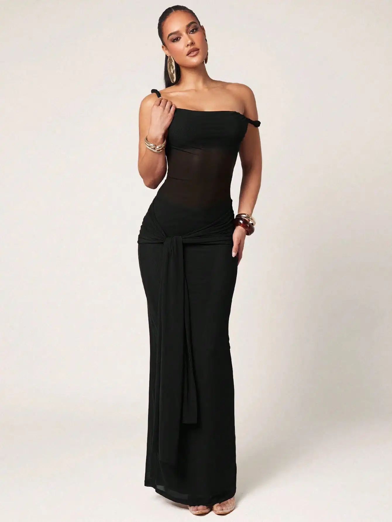 

Women's Asymmetrical One-Shoulder Sheer Bodycon Maxi Dress Black