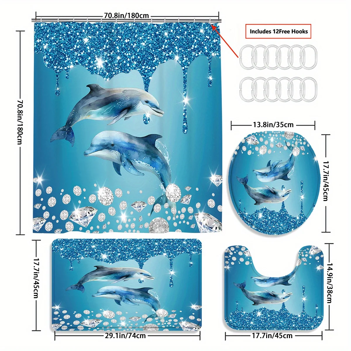 and Dolphins Shower Curtain Set - Luxurious Modern Design, Water-Repellent Curtain, Matching Toilet Floor Mat, and 12 Shower Cur