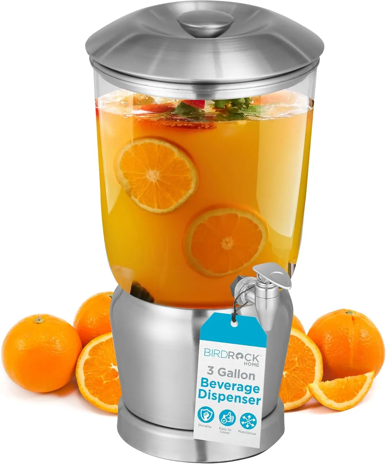 

3 Gallon Stainless Steel Beverage Dispenser with Ice Container, Spigot - Round - Lemonade Sangria Tea Water