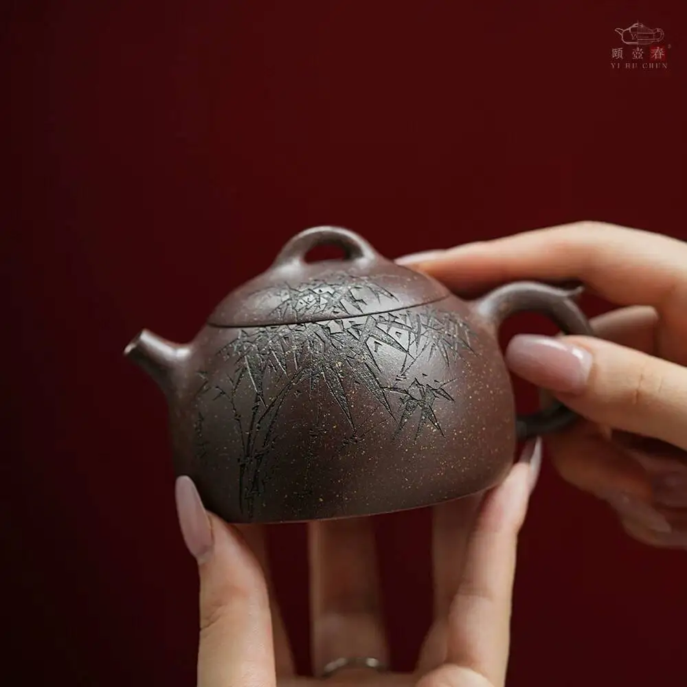 Yihu Chun Jade Gold Sand Short Qinquan 180C High-End Purple Clay Teapot By Master Craftsman Li Jianjun, Purely Handmade Tea