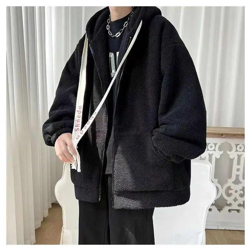 Fashion Bean Green Thick Drawcord Loose Coat Winter Men Hoodie Letter Shnedo Sweatshirt Long Sleeve Pullover Lamb Wool Male New