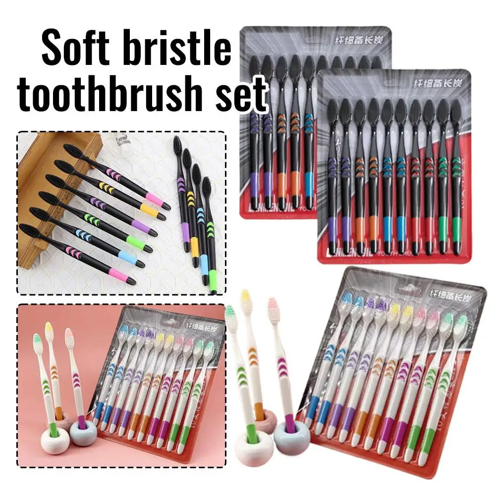 10 Pcs Disposable Household Toothbrush Bamboo Charcoal Black Hair Soft Bristle Professional Deep Oral Cleaning Supply