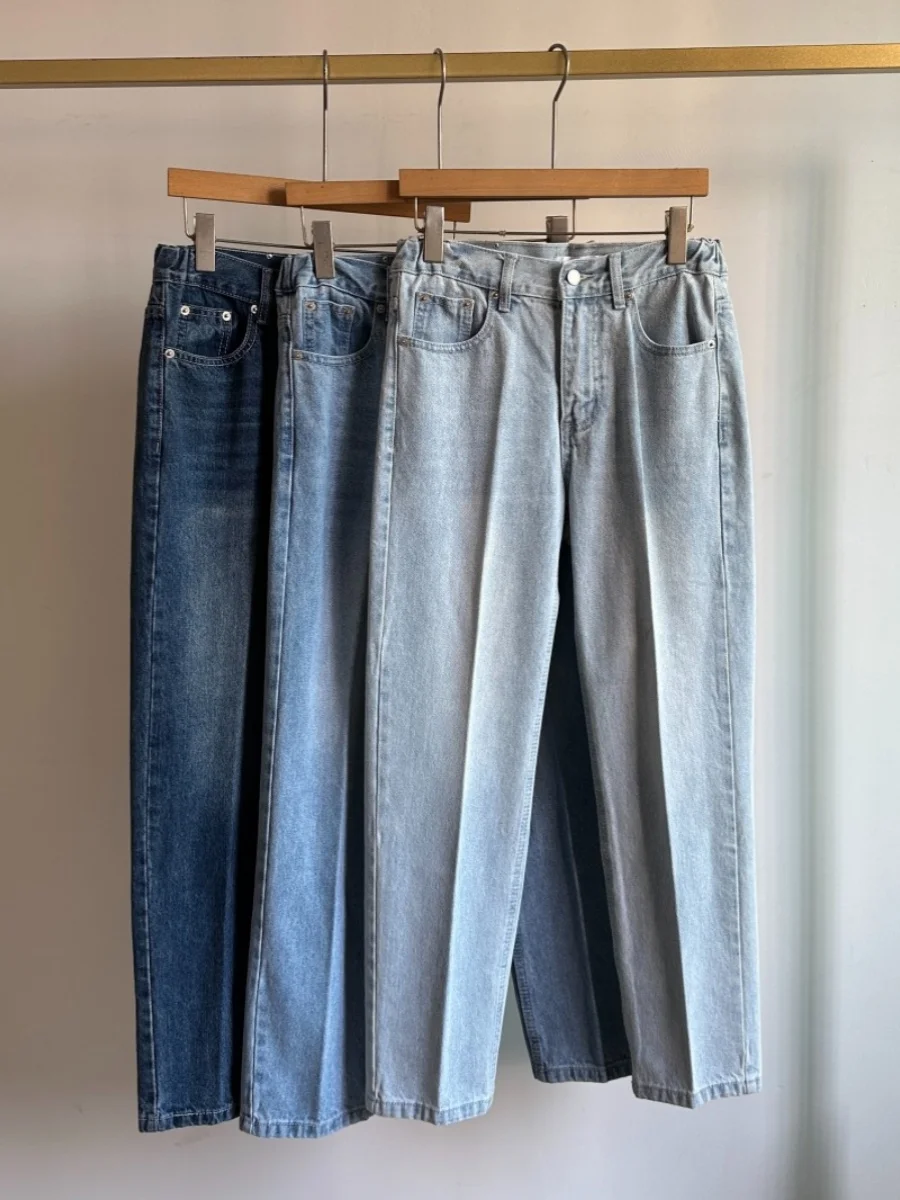 

Повседневные джинсы с высокой талией и прямыми штанинами, мужские универсальные удобные джинсовые брюки, длинные брюки с эластичной талией высокого качества