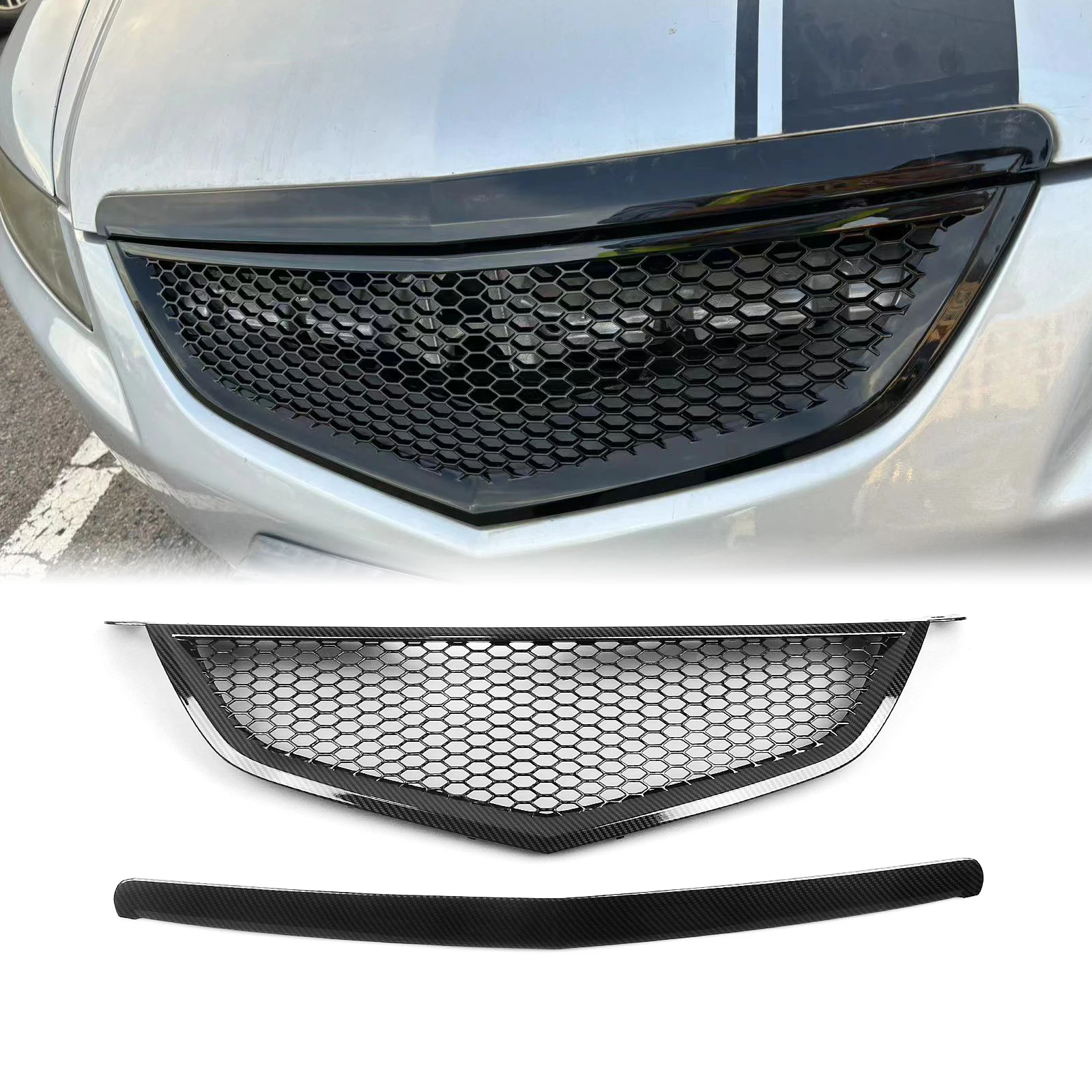 

Front Grille Racing Grill For Acura TL 2004-2006 Carbon Fiber Look/Gloss/Matte Black Honeycomb Style Upper Bumper Hood Mesh Grid