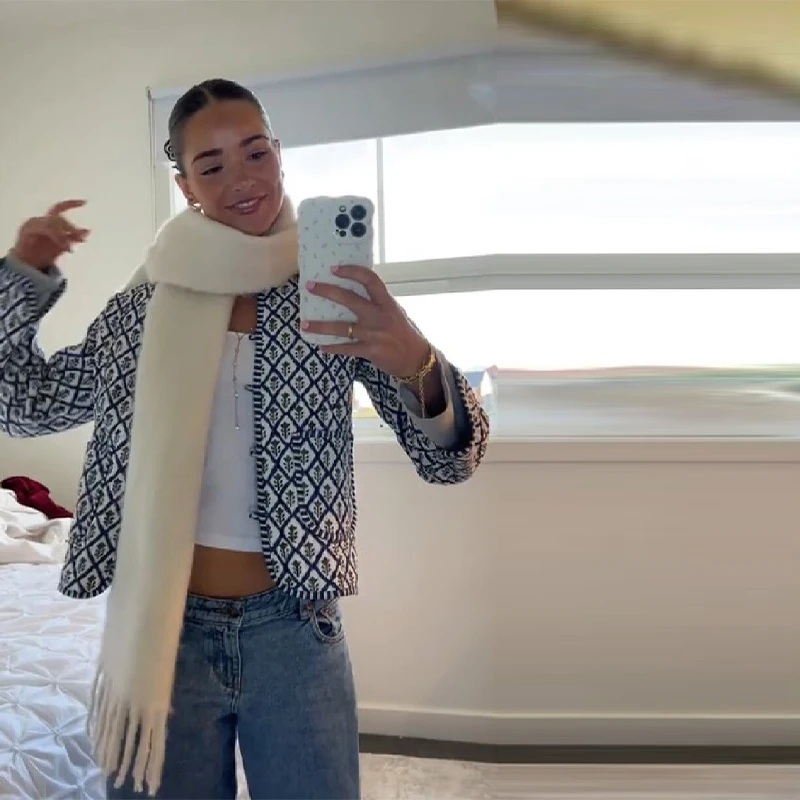 

Двустороннее женское пальто в стиле ретро, роскошные женские короткие куртки с принтом в сетку, модная повседневная верхняя одежда, новинка 2025, осенне-зимние женские пальто