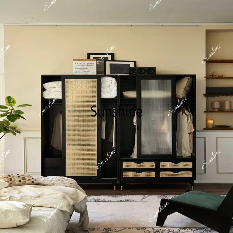 YFrench retro rattan wardrobe combination small household push-pull, landing against the wall